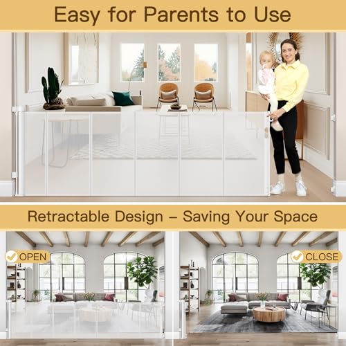 Reinforced 100 Inch Retractable Baby Gates for Doorways Extra Wide to Prevent Crawling Through (White / 33" Tall x 100" Wide（ With Reinforced Bar ）)