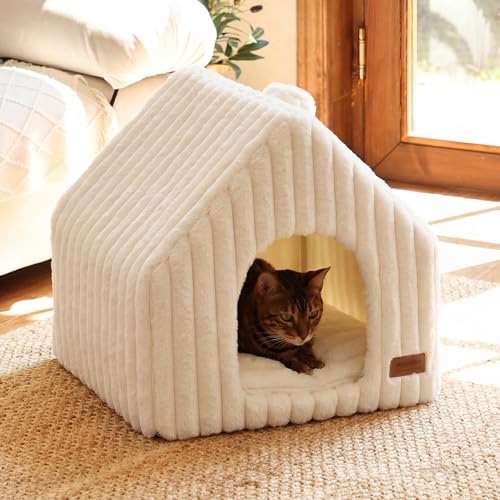 Cat Bed Cave Enclosed Washable Covered Dog Bed with Support Frame (Cream / 17 Inch (Cats up to 15 lbs, Dogs up to 10 lbs))