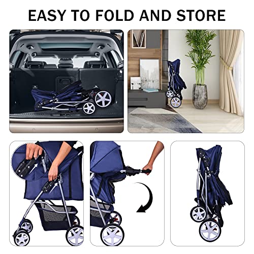 Pet Stroller 4 Wheels Multifunction Dog Cat Stroller (Navy)