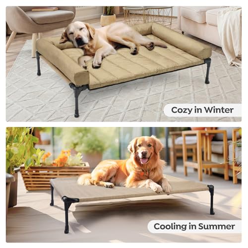 Outdoor Elevated Dog Bed with Waterproof Bolster Cushion (Beige Coffee / 42.0"L x 30.0"W x 7.0"Th)
