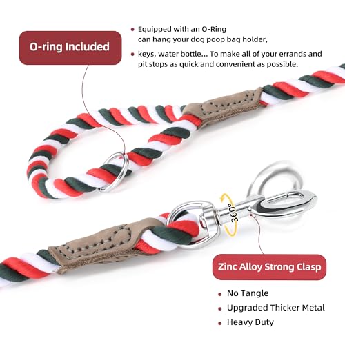 Rainbow Dog Leash Braided Cotton Rope w Leather (Red/Green / 72 Inch-1/2")