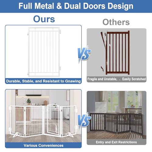 Metal Freestanding Dog Gate with Cat Door for Indoor&Outdoor (White / 【6 Panels with Door】120"W×32"H)