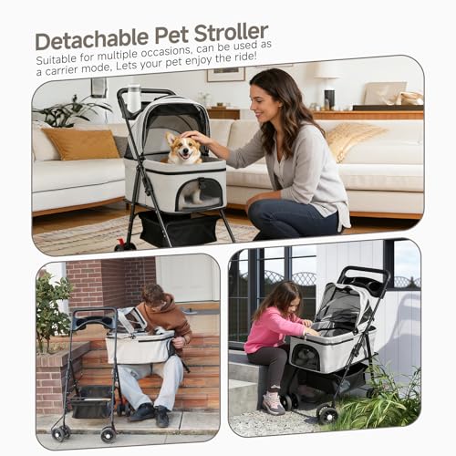 Pet Stroller for Small Dogs and Cats with 4 Wheels (Grey)
