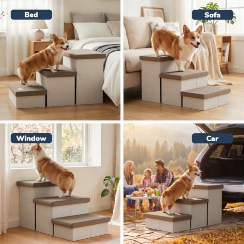3 Step Wide Dog Stairs with Hidden Storage 18" H (Brown / 30"D x 17"W x 17.7"H)