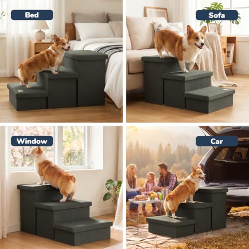3 Step Wide Dog Stairs with Hidden Storage 18" H (Grey Green / 30"D x 17"W x 17.7"H)