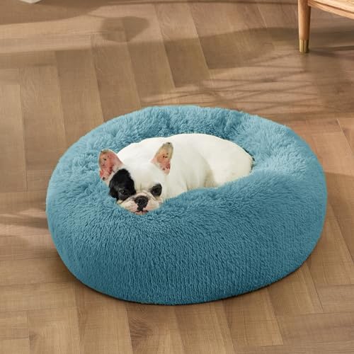 Calming Small Dog Bed Donut Washable Cat＆Puppy Bed (23"L x 23"W x 8"Th / Washed Blue)