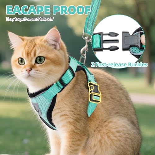 Cat Harness and Leash Set Escape Proof Reflective Cat Walking Harness Adjustable Soft Breathable Mesh Vest for Small Pets (M (NECK 11"-13.7", CHEST 16"-20") / Aquamarine)