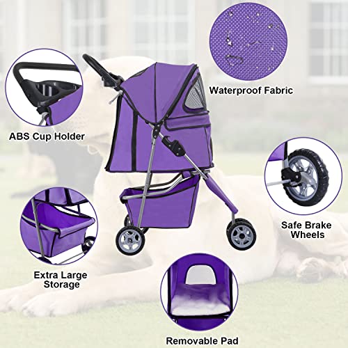 3 Wheel Foldable Pet Stroller (Purple / 3 Wheels)
