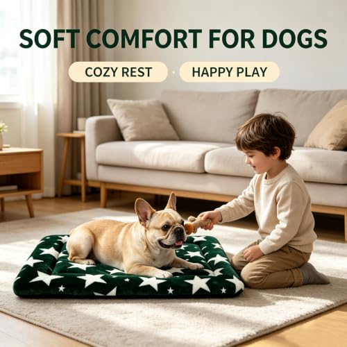 Dog Bed Mat Soft & Comfortable Dog Kennel Pad for Crate (S(24"*18"*1.5") / Big&Little Stars Green-1pc)