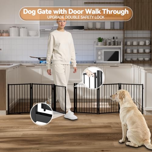 Full Metal Freestanding Dog Gate with Door (【6 Panels】120"W*24H" / Black)
