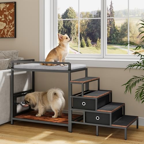 Dog Window Perch with 360° & Adjustable Raised Feeder (Brown)