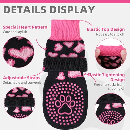 Valentines Dog Socks Shoes Costume to Prevent Licking Paws (Heart Rose Pink / Medium (4 Pack))