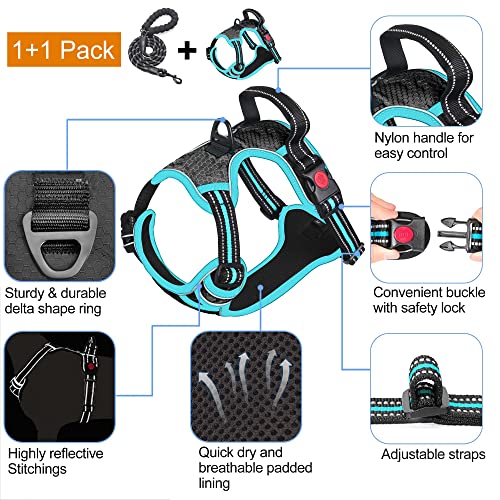 No Pull Dog Harness Adjustable Reflective Oxford Easy Control Medium Large Dog Harness with A Free Heavy Duty 5ft Dog Leash (Black/Blue / Medium)