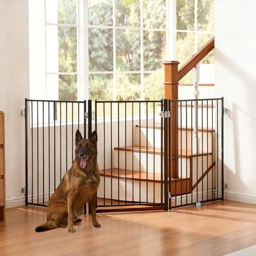 Freestanding Dog Gate with Door for Indoor & Outdoor (Black / 【3 Panels with Door】78"W×36"H)