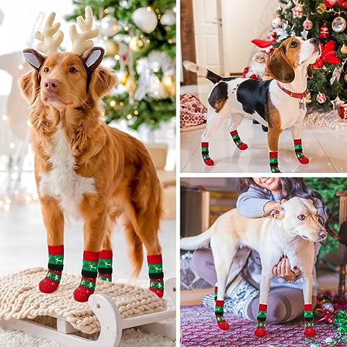 Christmas Dog Socks to Prevent Licking Paws for Cold Pavement (Christmas Red & Green / L(Pack of 4))