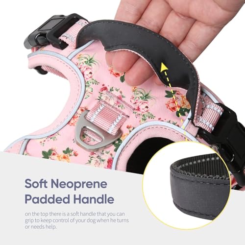 Dog Harness No Pull Adjustable Padded Reflective Harness for Small Medium Large Dogs with Handle for Walking Training (M / Flower-Pink)