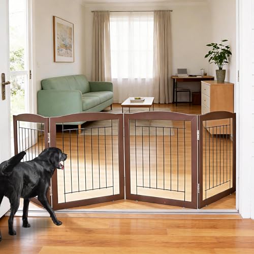 Freestanding Foldable Dog Gate for House Extra Wide Wooden Brown Puppy Gate Stairs Dog Gates Doorways Tall Pet Gate 24 "Height 4 Panels Pet Fence (Brown / 【4 Panels】80''w x 24''h)