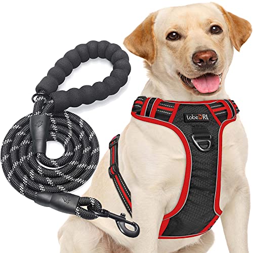 No Pull Dog Harness Adjustable Reflective Oxford Easy Control Medium Large Dog Harness with A Free Heavy Duty 5ft Dog Leash (Black/Red / X-Large)