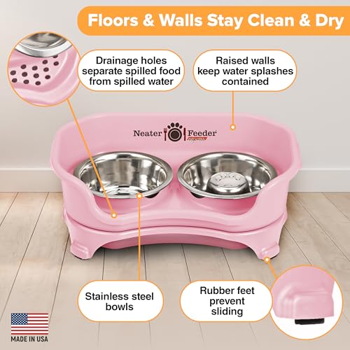 Express Mess Proof Dog Bowls Elevated for Small Breed (Small w/ Metal Slow Feed Bowl / Pink)