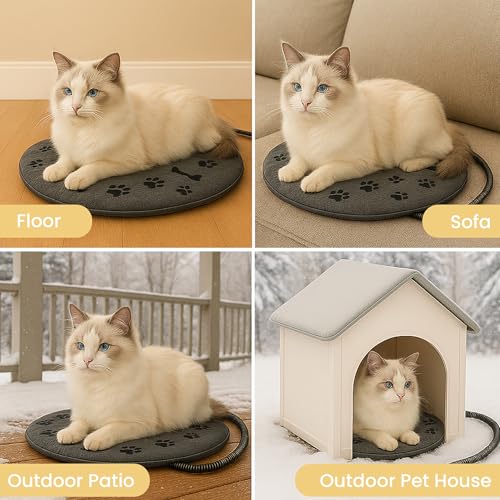 Pet Heating Pad for Cats Dogs Indoor & Sheltered Outdoor Waterproof Heated Cat Bed Heated Dog Bed Chew Resistant Cord Constant Temperature Electric Warming (Grey / Round: 16" x 16" x 1.3")
