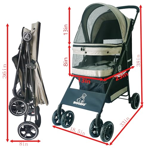 4 Wheel Dog Cat Pet Stroller Best Lightweight Foldable Compact Portable Jogger All Terrain Travel Pet Gear Puppy Doggie Bunny Kitty Stroller for up to 30lbs Medium Small Dogs Cats (Light khaki)