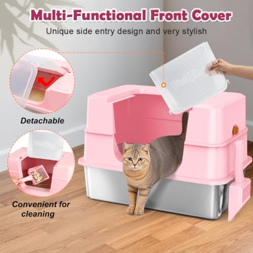 XL Enclosed Stainless Steel Cat Litter Box with Lid (Pink)