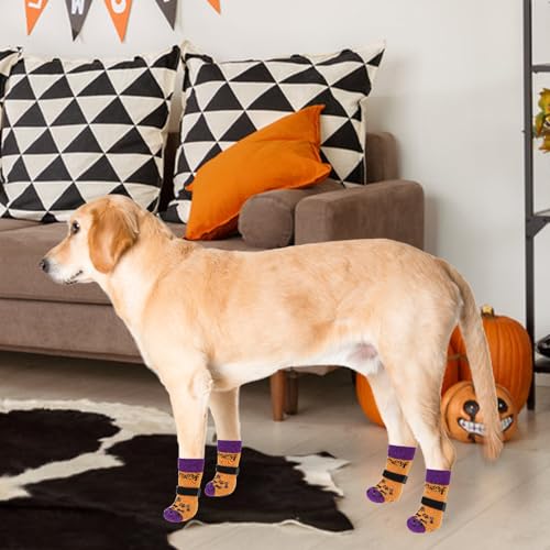 Anti Slip Halloween Dog Socks to Prevent Licking Paws (Orange&purple With Woof / Small (4 Pack))