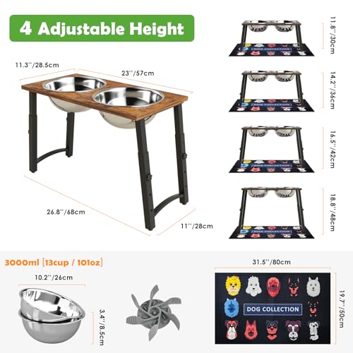 Elevated Dog Bowls for Large Dogs with Slow Feeder & Mat (H:11.8-18.8", Slow Feeder & Mat,101oz Cap.)