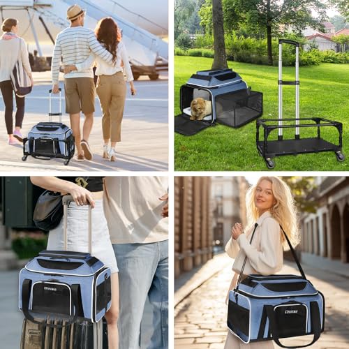 Top & Side Expandable Small Pet Carrier with Wheels Airline Approved (Blue with Wheels / 18.0"L x 13.0"W x 9.5"H)