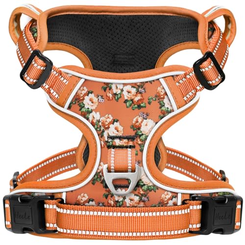 Dog Harness No Pull Adjustable Padded Reflective Harness for Small Medium Large Dogs with Handle for Walking Training (M / Flower-Orange)