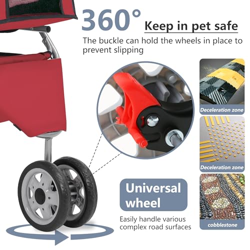 3 Wheel Foldable Pet Stroller (Red / 3 Wheels)