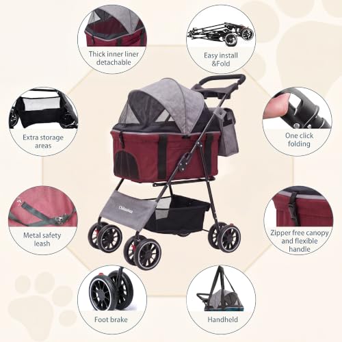 2-in-1 Foldable Pet Stroller 4-Wheel for Small Dogs & Cats,Dark Gray +Red (Dark Gray +Red)