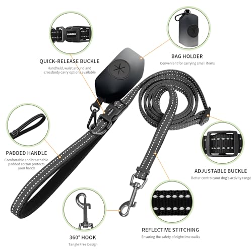 Hands Free Dog Leash with Poop Bag Holder (Black)