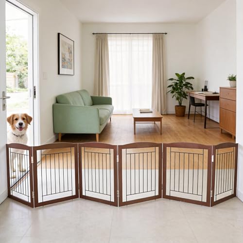 Freestanding Foldable Dog Gate for House Extra Wide Wooden Brown Puppy Gate Stairs Dog Gates Doorways Tall Pet Gate 24 "Height 6 Panels Pet Fence (Brown / 【6 Panels】120''w x 24''h)