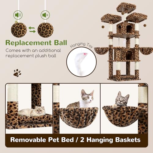 Big XL Cat Tower for Indoor Multiple Cats (Leopard Print / 68 inch)