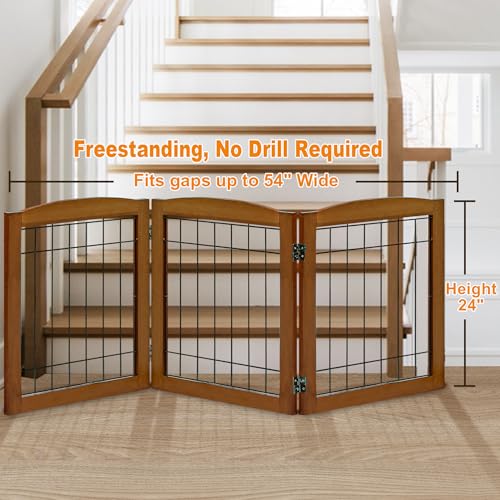 3 Panel Freestanding Foldable Wooden Dog Gate (24"Height-3 Panel / Oak Cherry)