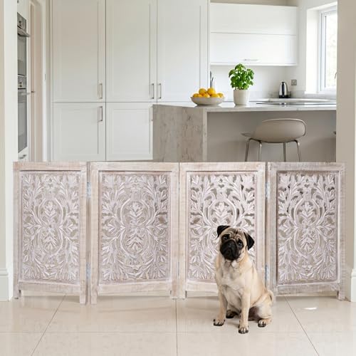 Lightnpro 4 Panel Carved Wooden Dog Gate with Stopper (White Wash / 24x72 - Oliver)