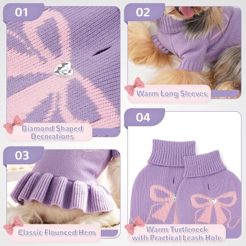 Bowknot Dog Sweater Dress for Small Dogs Girl (Medium (8-14lbs) / Purple)