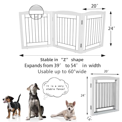 Freestanding Foldable Dog Gate for House Extra Wide Wooden White Indoor Puppy Gate Stairs Doorways Pet Gate Tall Dog Fence 3 Panels Fence (White / 【3 Panels】60''w x 24''h)