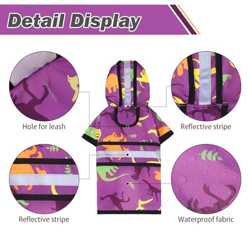 Dog Raincoat Hooded Slicker Poncho with Leash Hole (M:15-20lbs / Cool Dinosaur)