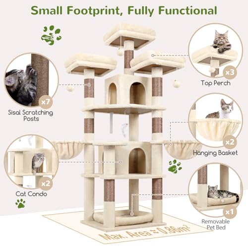 Big XL Cat Tower for Indoor Multiple Cats (Beige / 68 inch)
