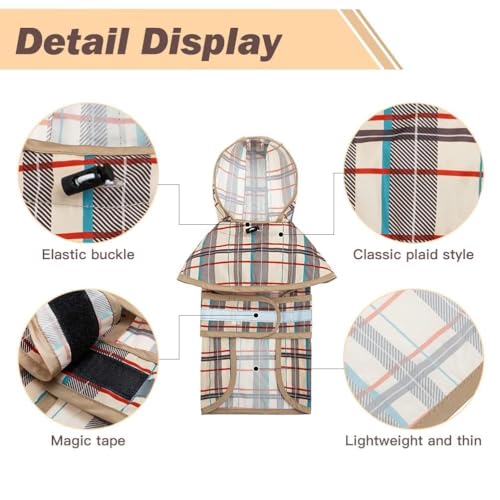 Dog Raincoat Hooded Slicker Poncho with Leash Hole (S:10-15lbs / Plaid beige)
