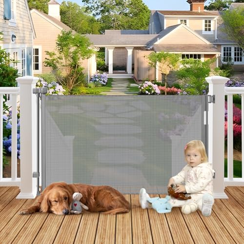 Weatherproof Outdoor Retractable Dog Gate for Deck (Gray / 35" X 55")