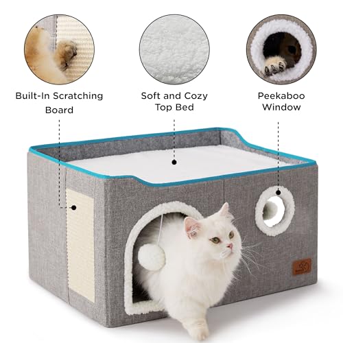 Extra Wide Cat House Bed with Fluffy Ball and Scratch Pad (Grey / Widen)
