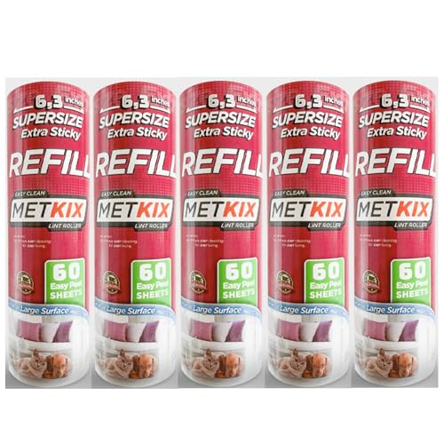 Refill for Metkix Supersize 6.3 inches Lint Roller 5 Packs Total 300 Sheets (5 Refill Packs (300 Sheets Total))