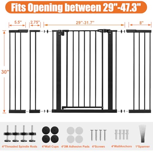 29" 47.3" Extra Wide Baby Gate for Stairs (Black / 29-47.3"Wide, 30"Tall)