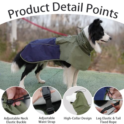 Dog Raincoat with High Collar (Green&Navy / XX-Large(55-77lb))