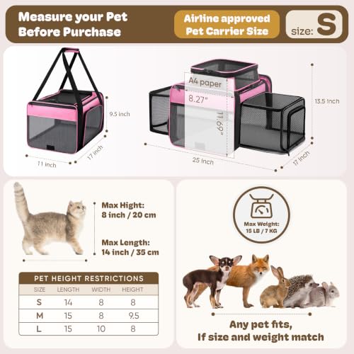 Top and 2 Sides Expandable Pet Carrier 17x11x9.5 TSA Airline Approved (Pink / 17.0"L x 11.0"W x 9.5"H)