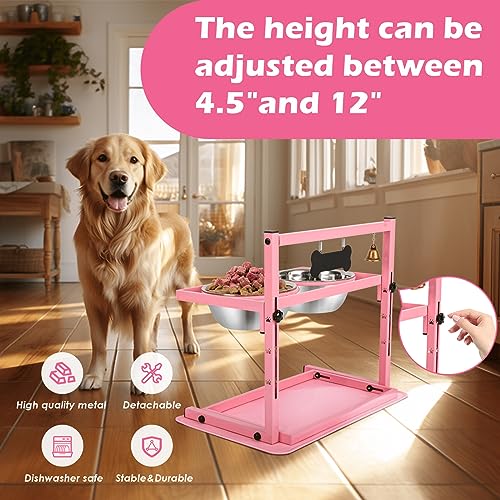 Pink Elevated Dog Bowl Stand with Two 1700ml Stainless Steel Food Bowls (Pink - Slow Bowl & Mat / Large Dogs)