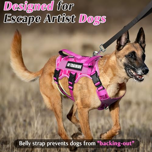 Escape Proof Dog Harness with Double Handle+4 Removable Patches (Medium / Camo Pink)